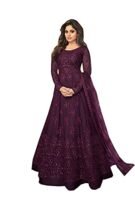 Women's Polyester Mono Net Embroidered Wine Semi Stitch Gown(Wine)