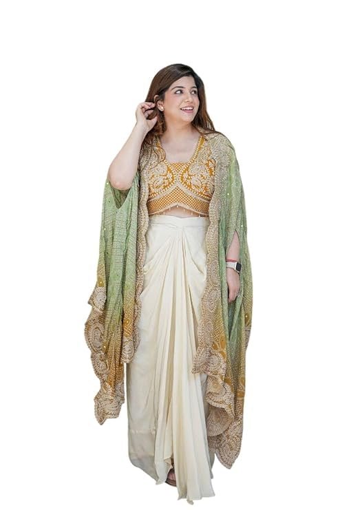 Premium Chinnon Silk Fabric With Cording & Wedding Bollywood Party Girls Wear Dhoti Indo Western(Mustard)
