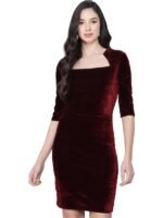 One Piece Party Dress for Women Bodycon | Half Sleeves Shiny Velvet Stylish Outfit(Maroon)