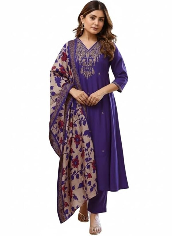 Women Embroidery Straight Kurta and Pant Set with Dupatta(Purple)