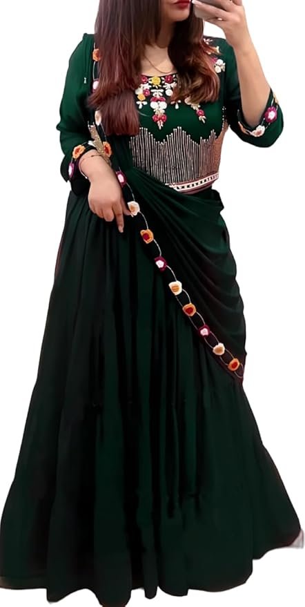 Women's Embroidered Georgette Crop Top Lehenga Choli For Women( Green)