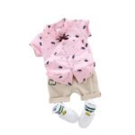 Kid Boy's Hosiery Cotton Blend Printed Cord Set with Mandarin Collar Short Sleeve Shirt and Side Pocket Elastic Waistband Closure Short Pant with Tie