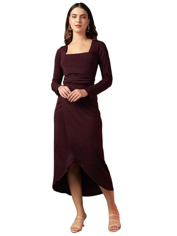 Women's Bodycon Midi Dress | Square Neck Wrap Style | Stretchable | Full Sleeve Fitted Dress for Party, Evening, Casual Outings & Date Night