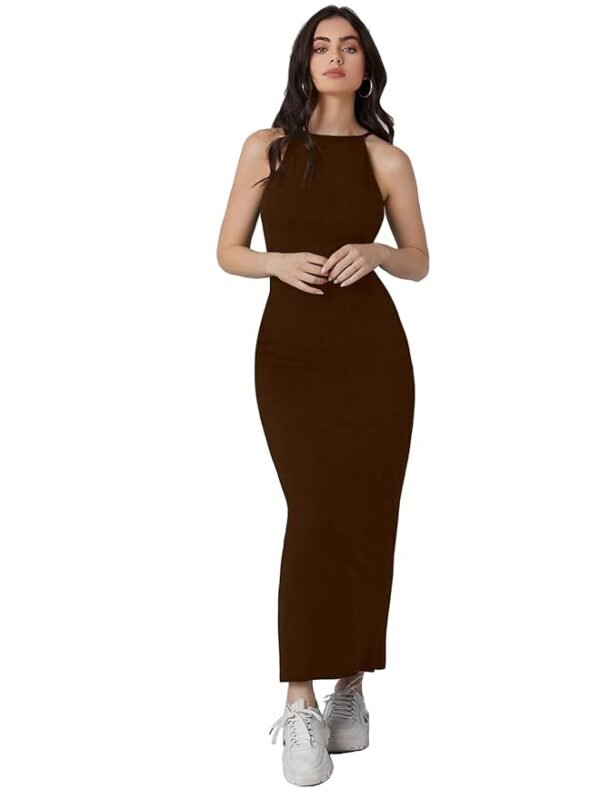 Solid Halter Neck Solid Bodycon Midi Dress for Women(Brown)