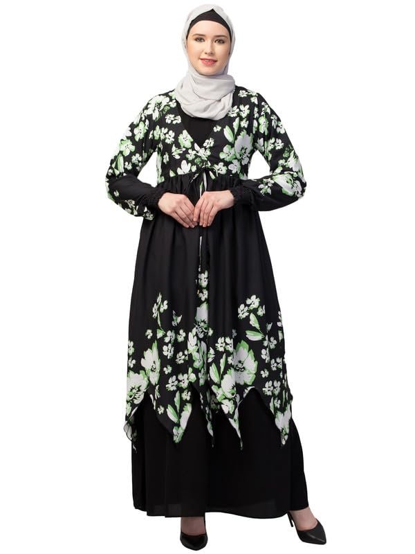 Dual Layer Abaya Dress with Detachable Shrug Made with Printed Crepe and Nida Matte Fabric