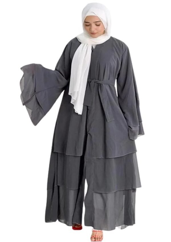 Grey Triple Layer Chiffon Front Open Abaya Muslim Dresses For Women Abaya With Hijab