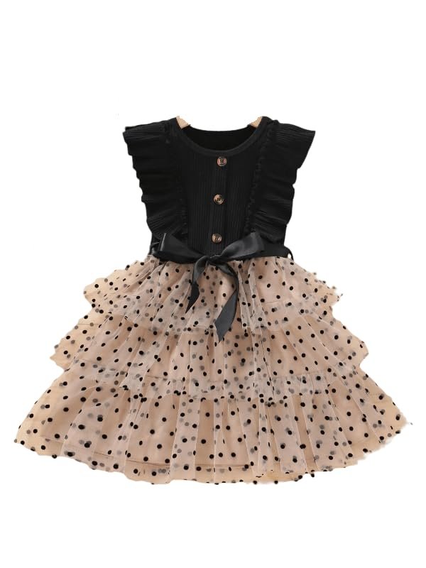 Toddler Girls Polka Dot Ruffle Trim Belted Mesh Dress Floral Pattern Frock for Girls