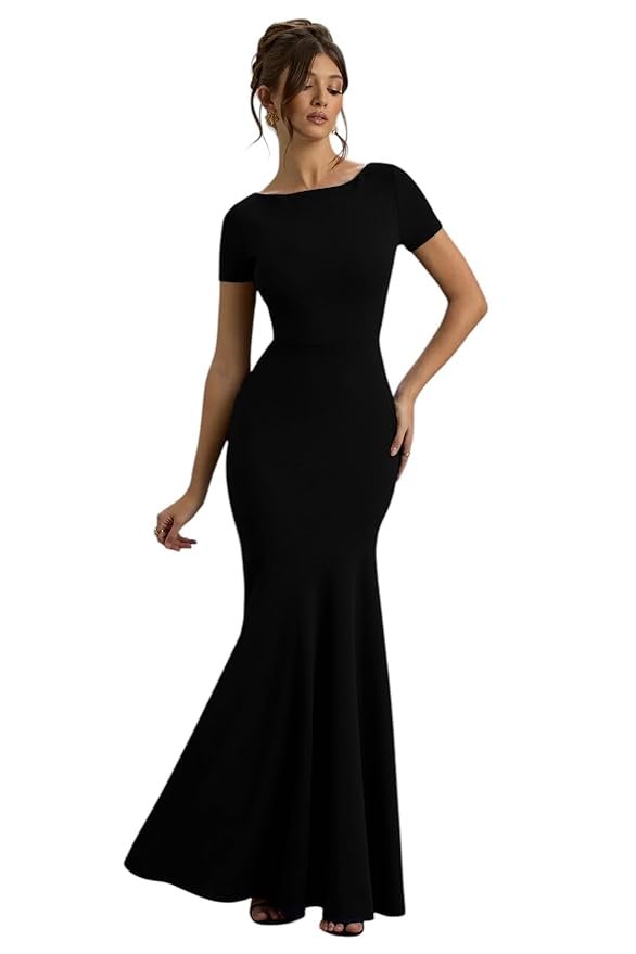 Women's Black Maxi Dress | Boat Neck | Short, Cap Sleeves | Bodycon Fit | Casual | Short Sleeves Dress for Women