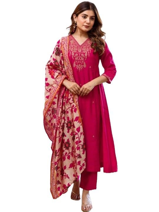 Women Embroidery Straight Kurta and Pant Set with Dupatta(Pink)