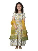 Girls Cotton Floral Printed Gotta Work 3/4 Sleeves Flared Design Kurti & Sharara Set(Yellow)