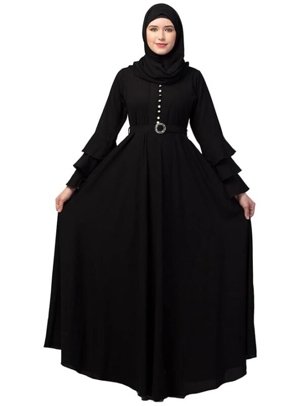 Umbrella Abaya with Adjustable belt and Fashionable buttons Bell Sleeves in Nida Matte Fabric(Black)
