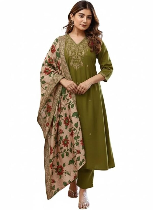 Women Embroidery Straight Kurta and Pant Set with Dupatta(Green)