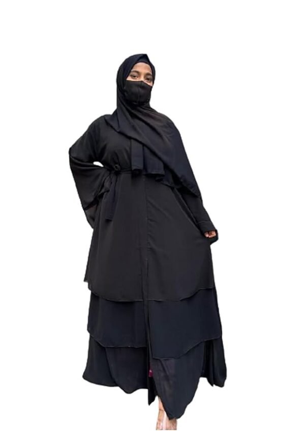 Black Triple Layer Chiffon Front Open Abaya Muslim Dresses For Women Abaya With Hijab
