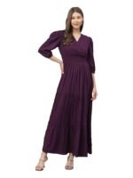 Women's Fit and Flare Maxi Dress Rayon 3/4 Sleeve Solid V-Neck Evening Dress(Wine)