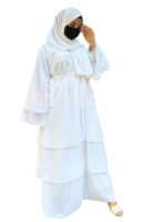 White Triple Layer Chiffon Front Open Abaya Muslim Dresses For Women Abaya With Hijab