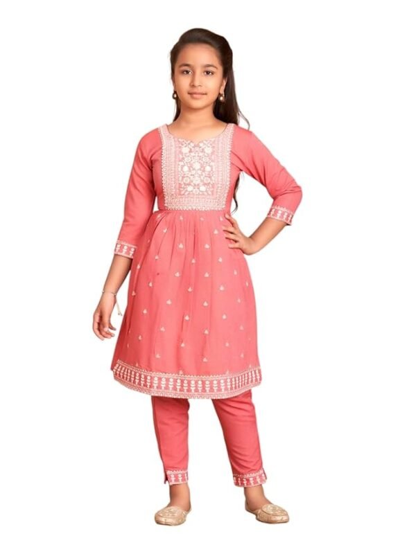 Girls Ethnic Wear Peach Colour Thread Embroidery Kurti Pant Set