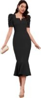 Women's Lycra Blend Sweetheart Neckline/V-Neck, Bodycon Dress with Short Puff Sleeve(Black)