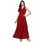 Flare Solid Pleated Neck Dress(Maroon)