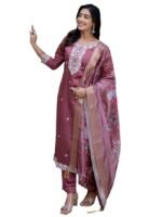 Women’s Viscose Roman Silk Embroidery Straight Kurta Pant with Dupatta Set | Ethnic Casual Set(Purple)