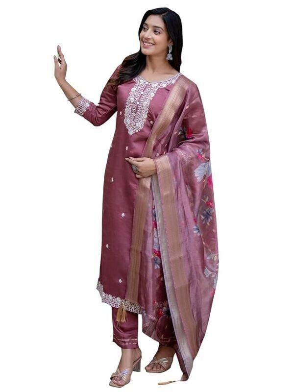 Women’s Viscose Roman Silk Embroidery Straight Kurta Pant with Dupatta Set | Ethnic Casual Set(Purple)