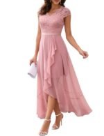 Women's V-Neck Dress for Women Wedding Guest Hi-Lo Floral Lace Prom Cocktail Party Formal Bridesmaid Dress(Pink)
