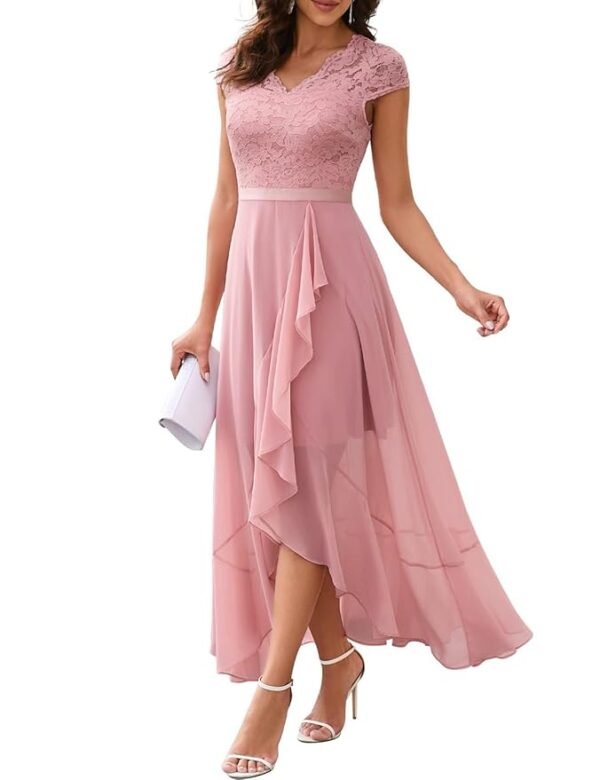 Women's V-Neck Dress for Women Wedding Guest Hi-Lo Floral Lace Prom Cocktail Party Formal Bridesmaid Dress(Pink)