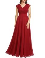 Women's V Neck Sleeveless Lace Bridesmaid Dress Wedding Party Gown(Red)