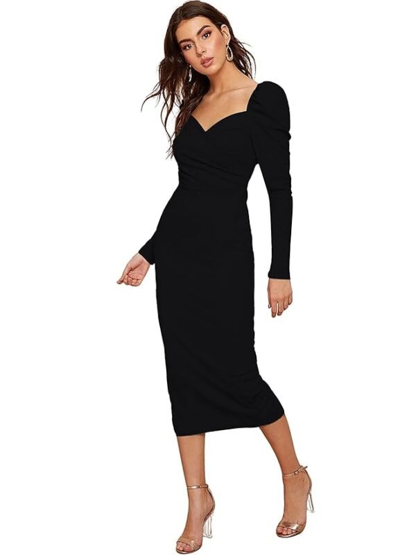 Women One Piece Puff Sleeve, Sweetheart Neck, Long Sleeve Casual Formal Cocktail Midi Black Bodycon Dress (Black)