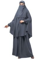 Three Piece Set Of Hijab, Skirt And Full Face Khimar - Made with Nida Matte for Women and Girls(Grey)