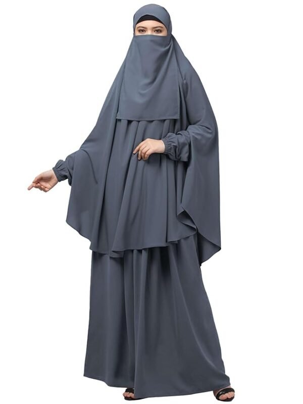 Three Piece Set Of Hijab, Skirt And Full Face Khimar - Made with Nida Matte for Women and Girls(Grey)