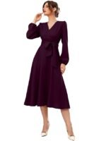 Women's Polyester A-line V-Neck Bishop Sleeve Midi Belted Dress( Burgundy)