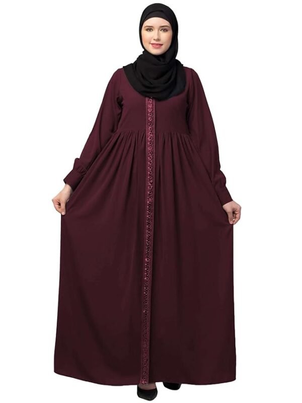 Women's Front Open Abaya Dress with Lace Work at front and on Sleeves- Fashionable Burqa (Burgundy)