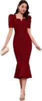 Women's Lycra Blend Sweetheart Neckline/V-Neck, Bodycon Dress with Short Puff Sleeve(Maroon)