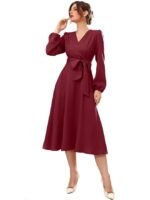 Women's Polyester A-line V-Neck Bishop Sleeve Midi Belted Dress(Maroon)