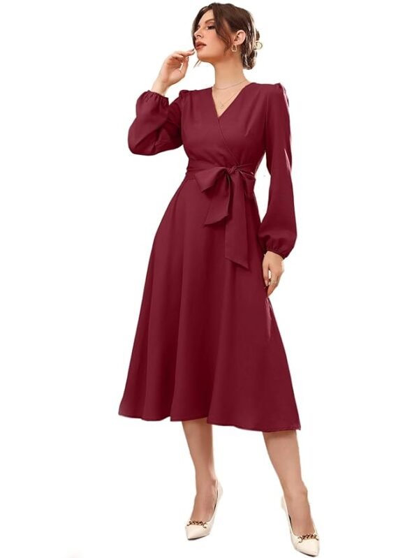 Women's Polyester A-line V-Neck Bishop Sleeve Midi Belted Dress(Maroon)