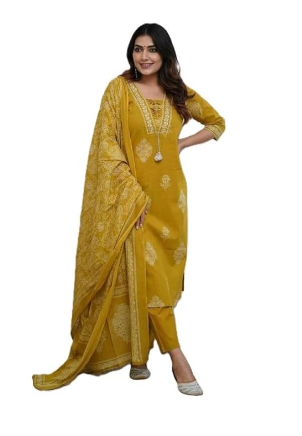 Women's Pure Cotton Printed with Handwork Kurta with Pants and Dupatta Set | Ethnic Set | Suit Set |Wedding Suit Set(Yellow)
