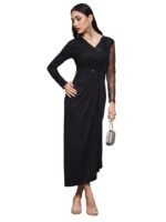 Women's Fit and Flare Full Length Pleated V-Neck Full Sleeve Dress(Black)