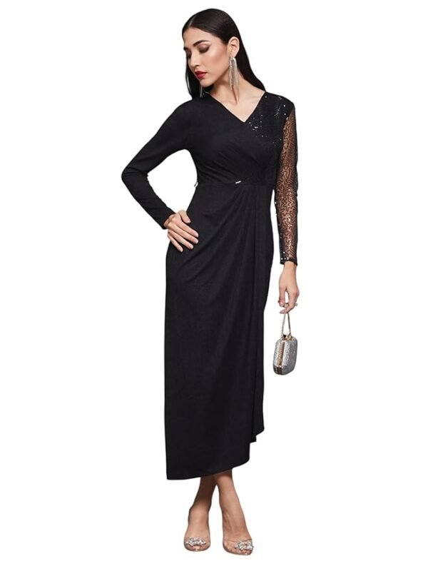 Women's Fit and Flare Full Length Pleated V-Neck Full Sleeve Dress(Black)