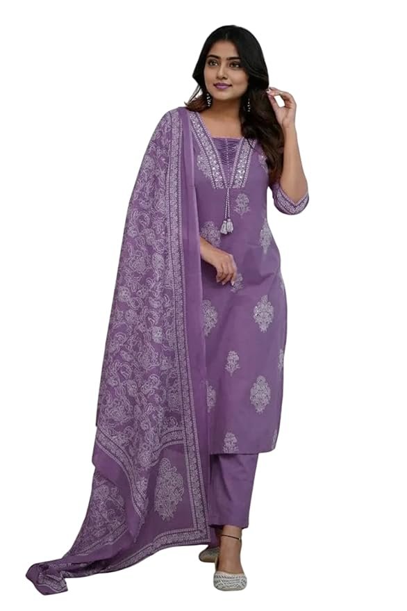 Women's Pure Cotton Printed with Handwork Kurta with Pants and Dupatta Set | Ethnic Set | Suit Set |Wedding Suit Set(Purple)