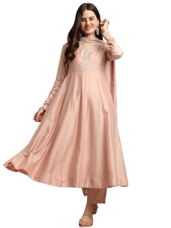 Women's Silk Anarkali & Pant with Dupatta Set(Rose Pink)
