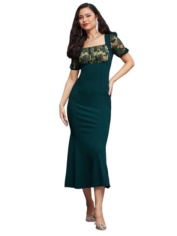 Women Bodycon Square Puff Sleeve Solid Lace Overlaid Ankle Length Dress(Dark Green)