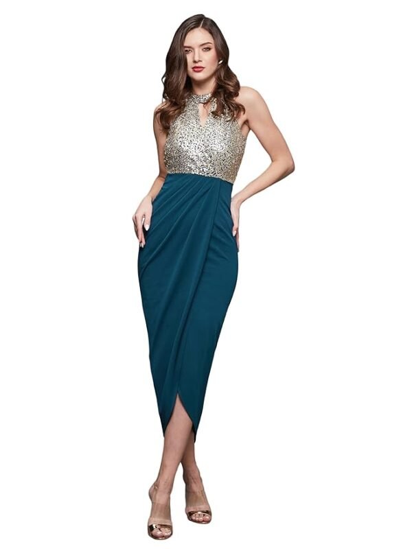 Women's Wine Halter Neck Sleeveless Solid Embellished Midi Dress(Teal)