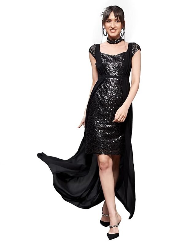Women's Square Neck Short Sleeve Embellished Layered Maxi Dress(Black)