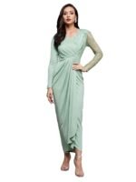 Women's Fit and Flare Full Length Pleated V-Neck Full Sleeve Dress(Mint)