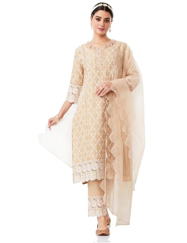 Women's Embroidered Cotton Kurta Pant Set with Organza Dupatta(Beige)