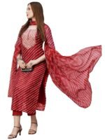 Women's Cotton Blend Straight Printed Kurta with Pant & Dupatta(Red)