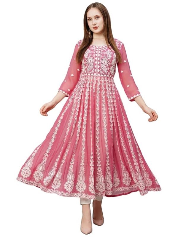 Women Georgette Kurta With Pant(Pink)