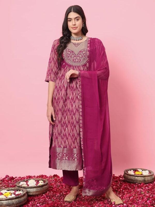 Women's Cotton Silk Kurta Pant Set with Nazmin Jacquard Lace Dupatta(Purple)
