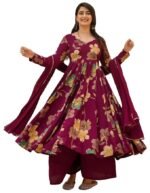 Women's Anarkali  Palazzo Dupatta Set | Wine Color Ethnic Dress for Women | Cotton Blend Floral Print Suit Set
