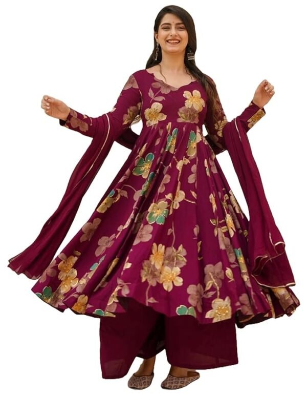 Women's Anarkali  Palazzo Dupatta Set | Wine Color Ethnic Dress for Women | Cotton Blend Floral Print Suit Set